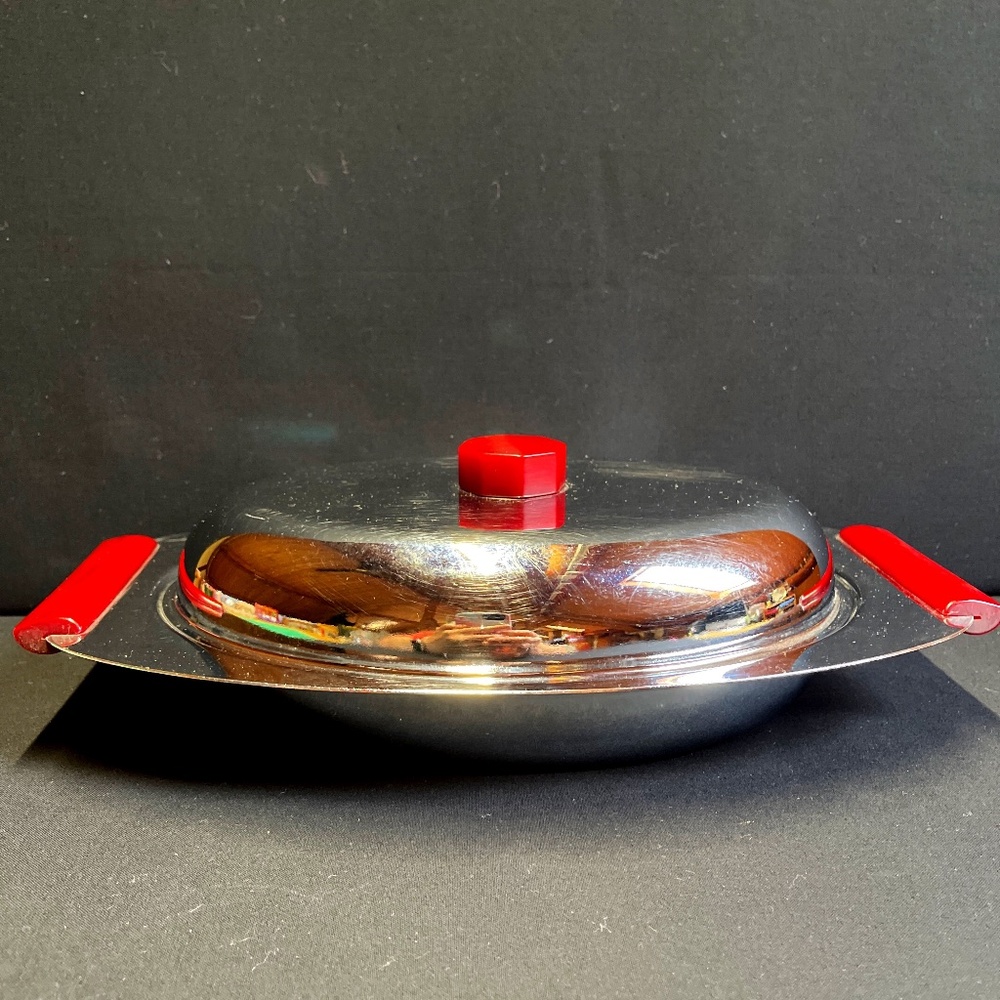 Glo-Hill Gourmates Art Deco Chrome Serving dish with Bakelite handles